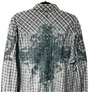 ROAR Mens Western Shirt XL Gray Plaid Flip Cuff‎  Embroider Rancher Cowboy